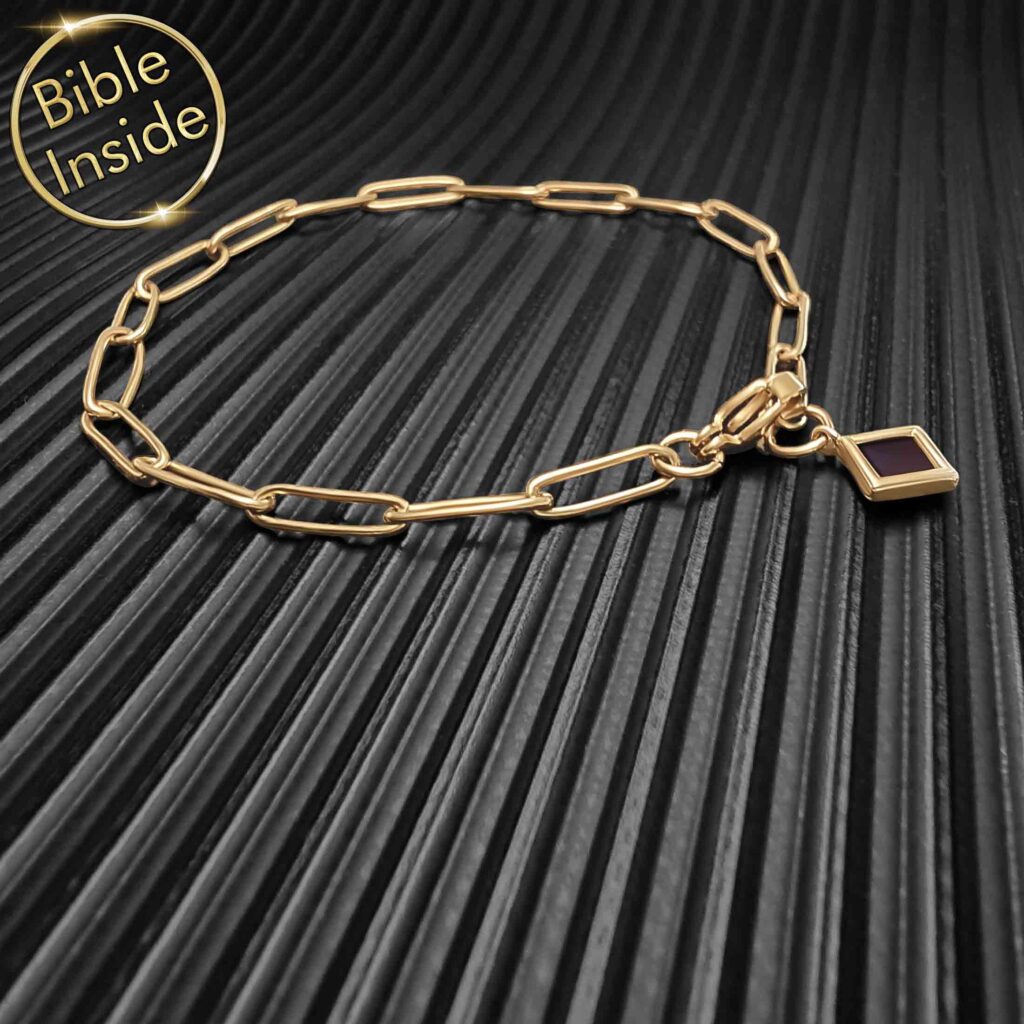 Miniature Bibles Inside Gold Chain Bracelet with Bible Charm from My Nano Jewelry Collection