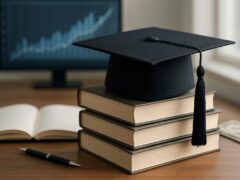 A graduation cap resting on stacked books with an open notebook and a pen on a wooden table, and a blurred background of