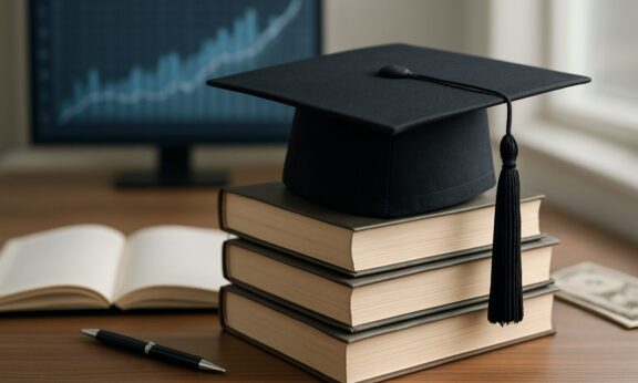 A graduation cap resting on stacked books with an open notebook and a pen on a wooden table, and a blurred background of