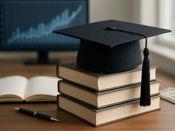 A graduation cap resting on stacked books with an open notebook and a pen on a wooden table, and a blurred background of