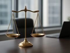 A golden scale of justice on a wooden desk in a modern office setting with a laptop in the background.