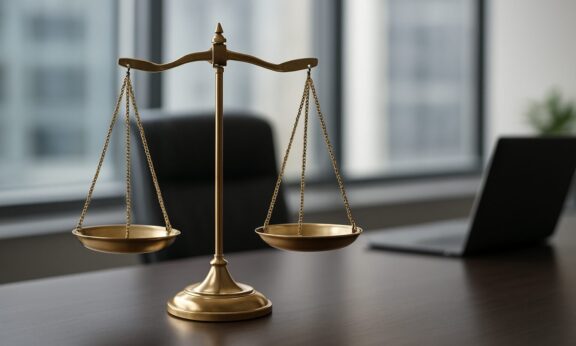 A golden scale of justice on a wooden desk in a modern office setting with a laptop in the background.