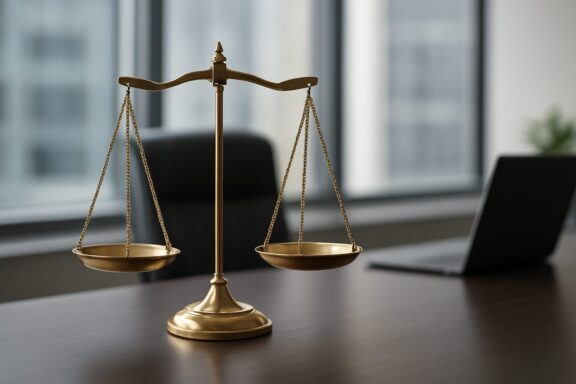 A golden scale of justice on a wooden desk in a modern office setting with a laptop in the background.