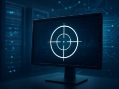 A computer monitor displaying a target symbol against a blue digital background.
