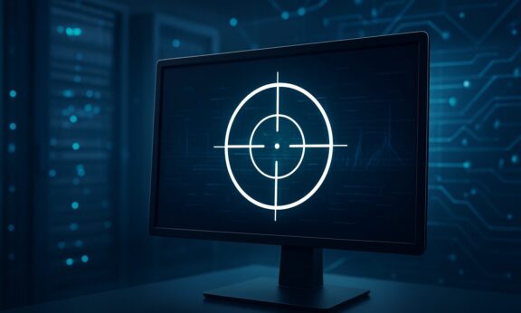 A computer monitor displaying a target symbol against a blue digital background.