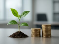 A small green plant growing next to stacks of coins, symbolizing business growth and investment.