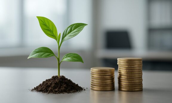 A small green plant growing next to stacks of coins, symbolizing business growth and investment.