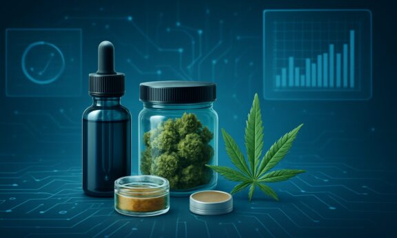 various cannabis products arranged on a tech-themed background