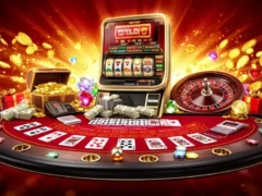 A vibrant casino scene featuring a slot machine, roulette, and various gambling chips and cards on a table