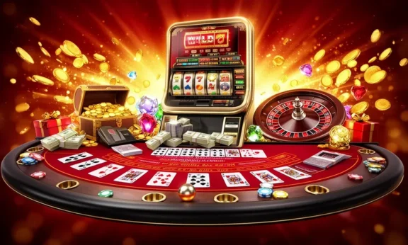 A vibrant casino scene featuring a slot machine, roulette, and various gambling chips and cards on a table